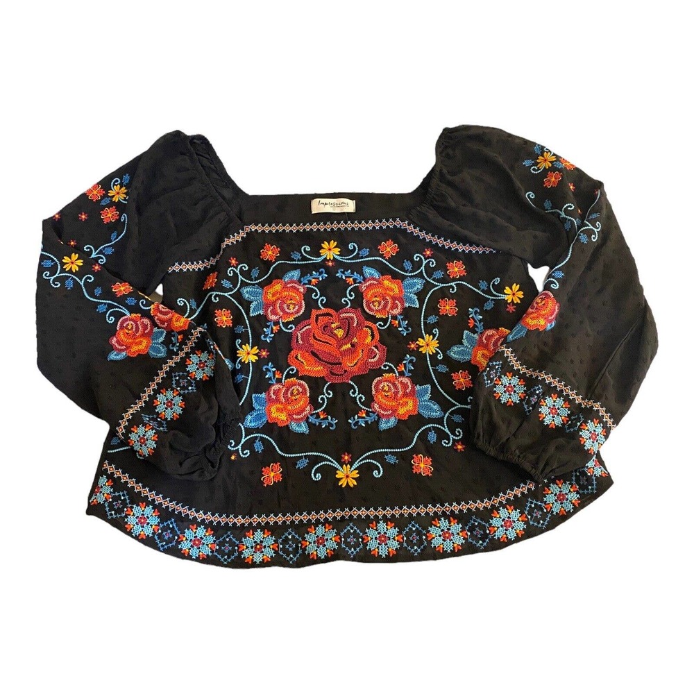 Impressions Brand Boutique Boho Style Blouse Black Embroidered Large NWT